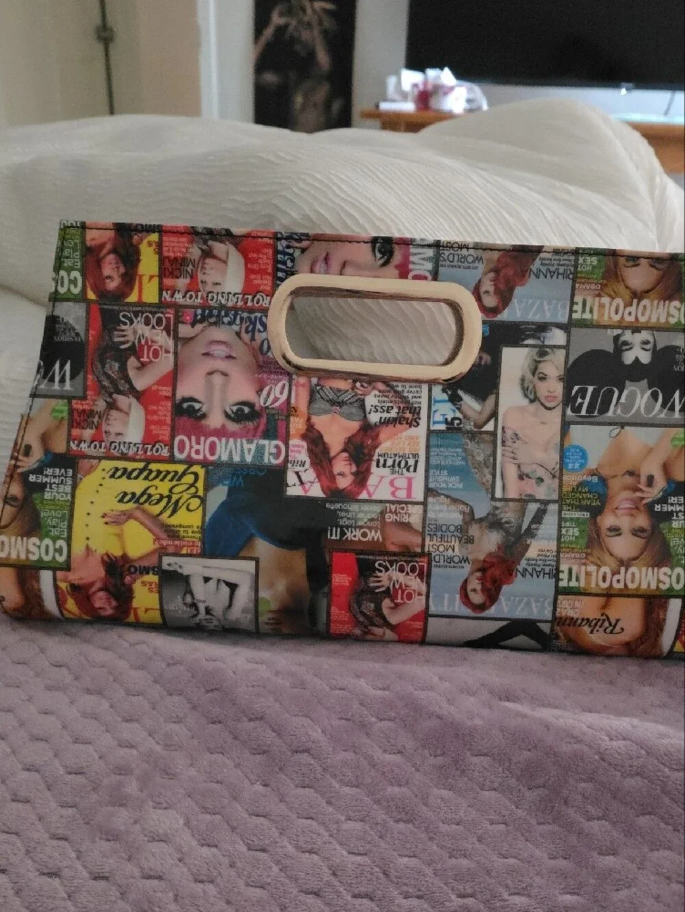 Magazine Collage Clutch Bag with Gold Trim